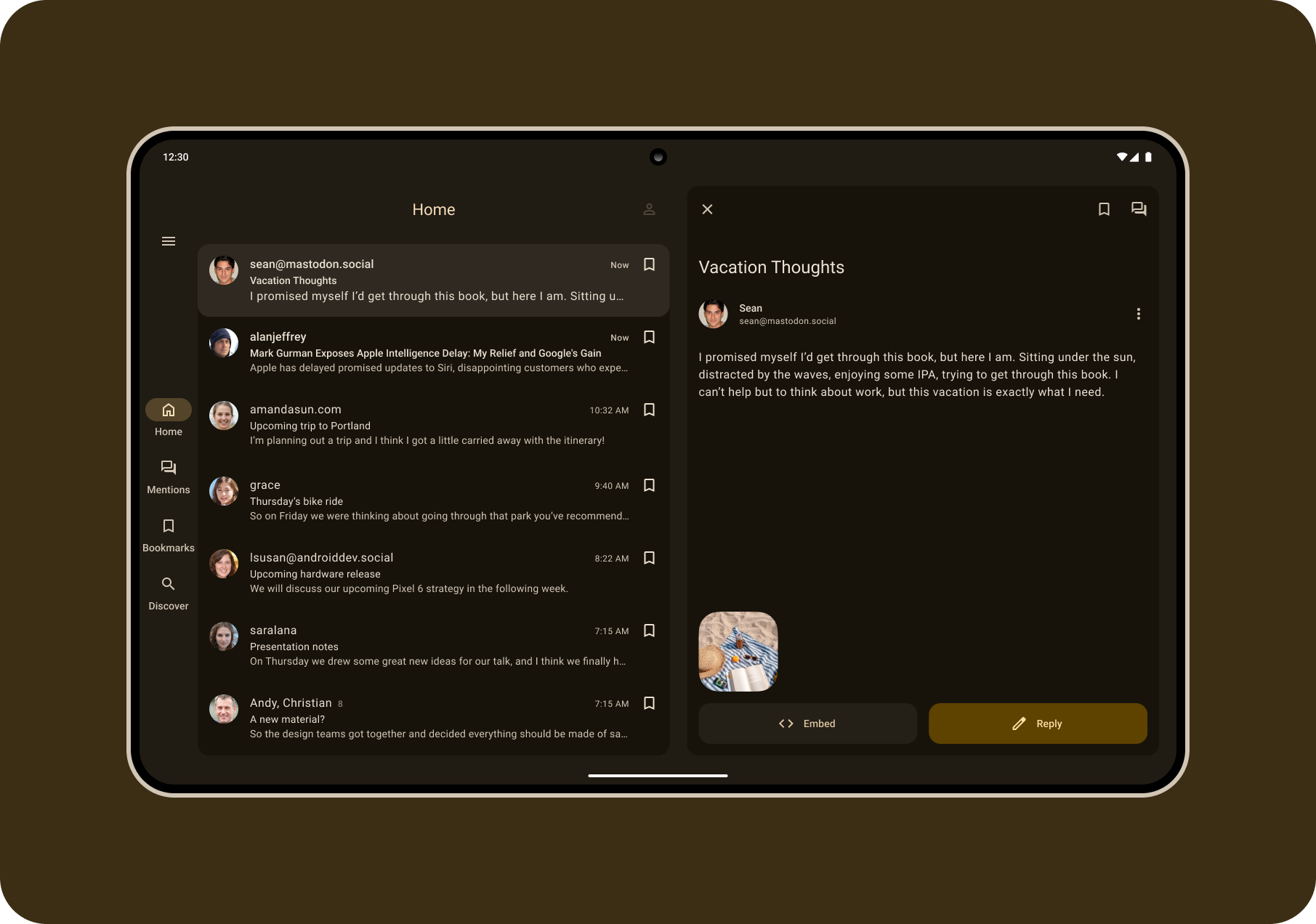 A tablet screen displays an email application with a list of messages on the left and a detailed view of a selected email about vacation thoughts on the right.